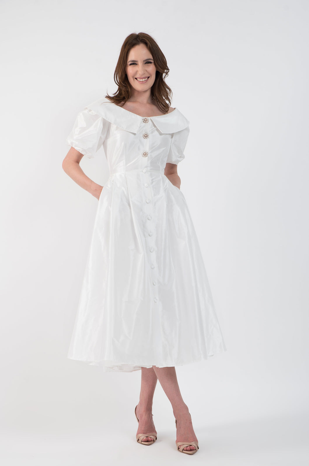 Incarca imaginea in galerie, Rochie eleganta midi din tafta si umeri decupati