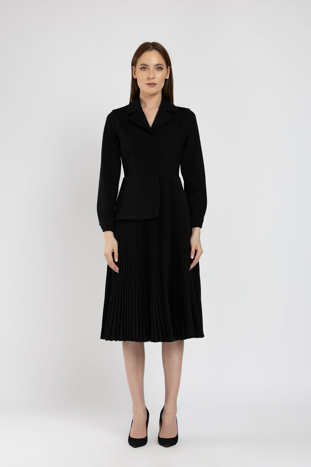 Incarca imaginea in galerie, Rochie tip sacou din jerse negru si fusta neagra solata