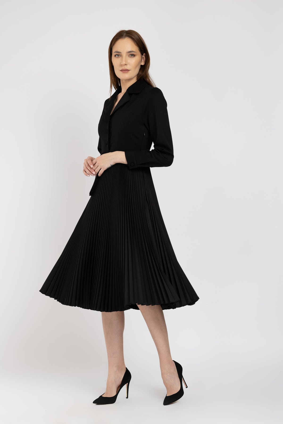 Black jersey dress and black pleated skirt