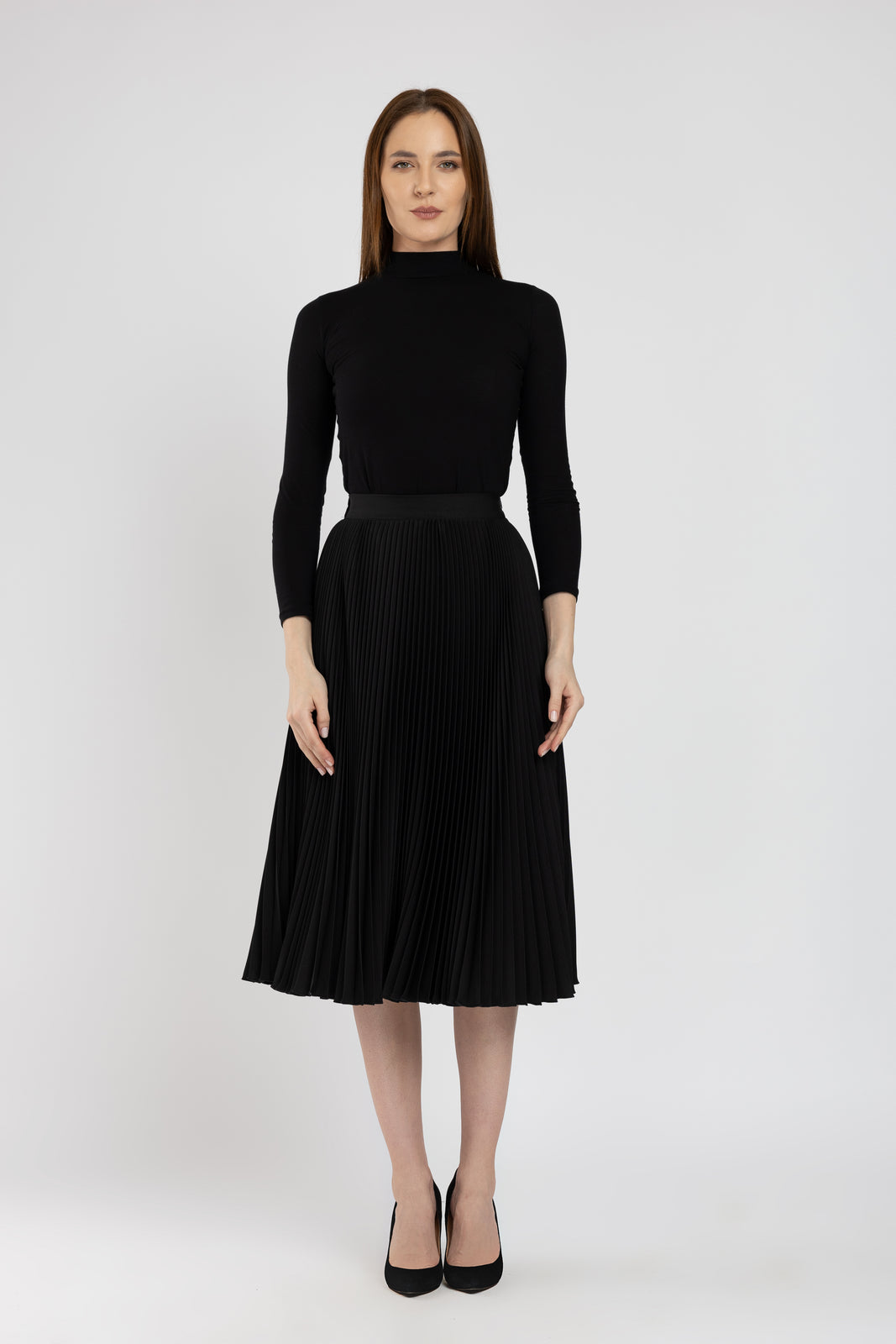 Incarca imaginea in galerie, Fusta midi solata neagra cu fermoar lateral