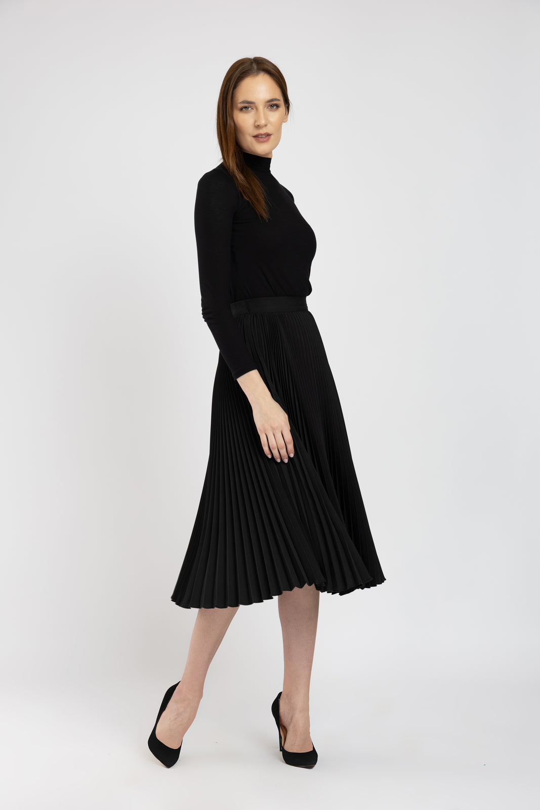Incarca imaginea in galerie, Fusta midi solata neagra cu fermoar lateral