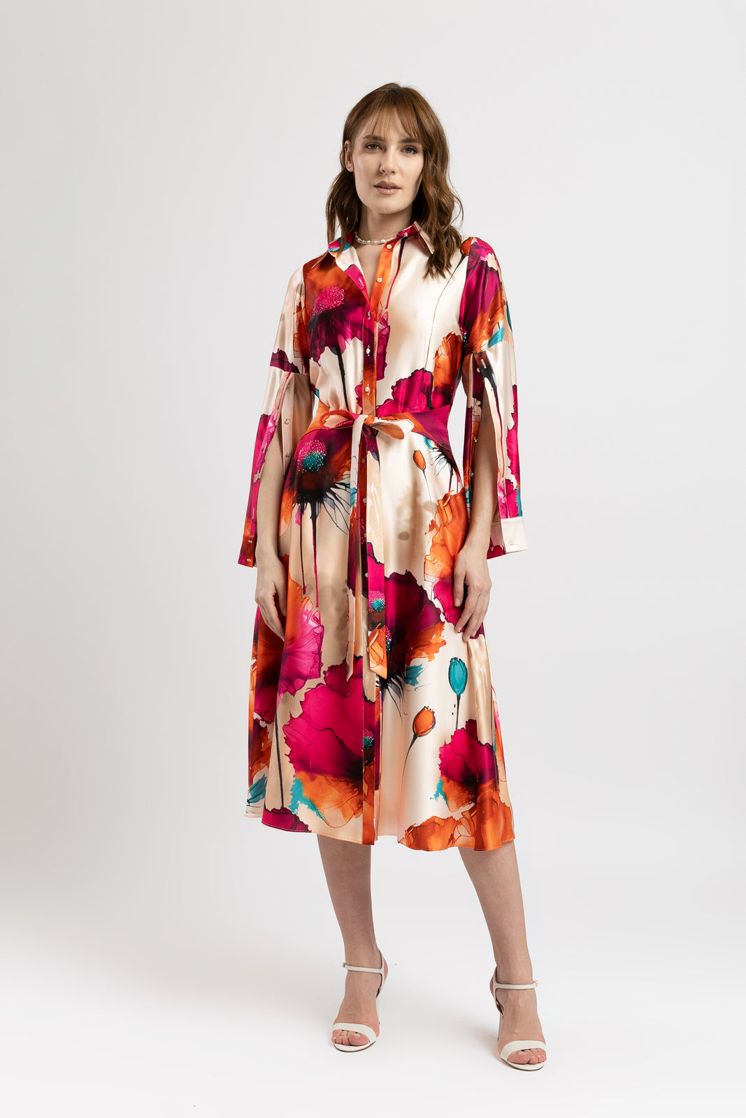 Incarca imaginea in galerie, Rochie tip camasa din saten imprimat cu flori fuchsia