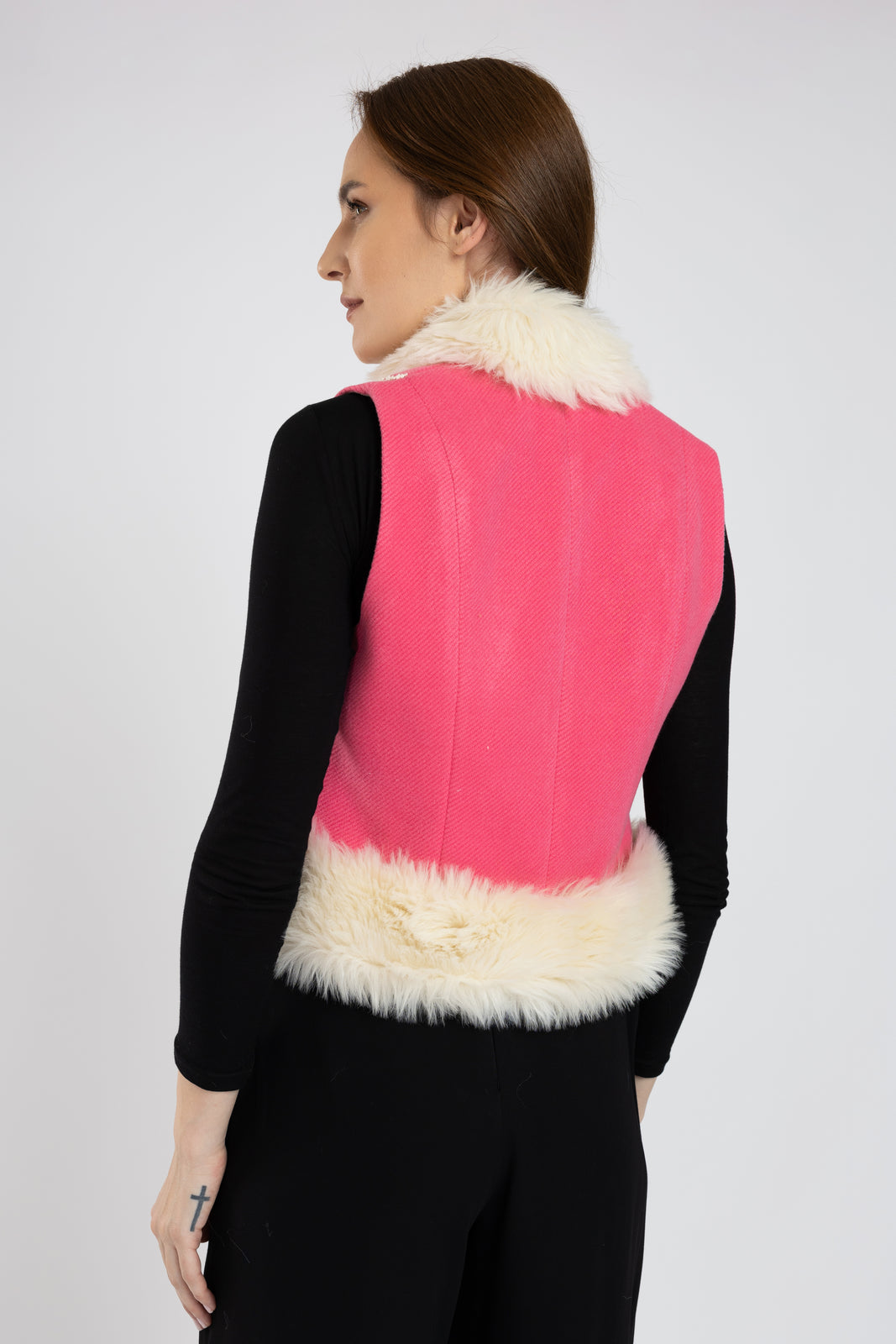 Incarca imaginea in galerie, Ilic scurt roz din stofa de lana si blana articiala