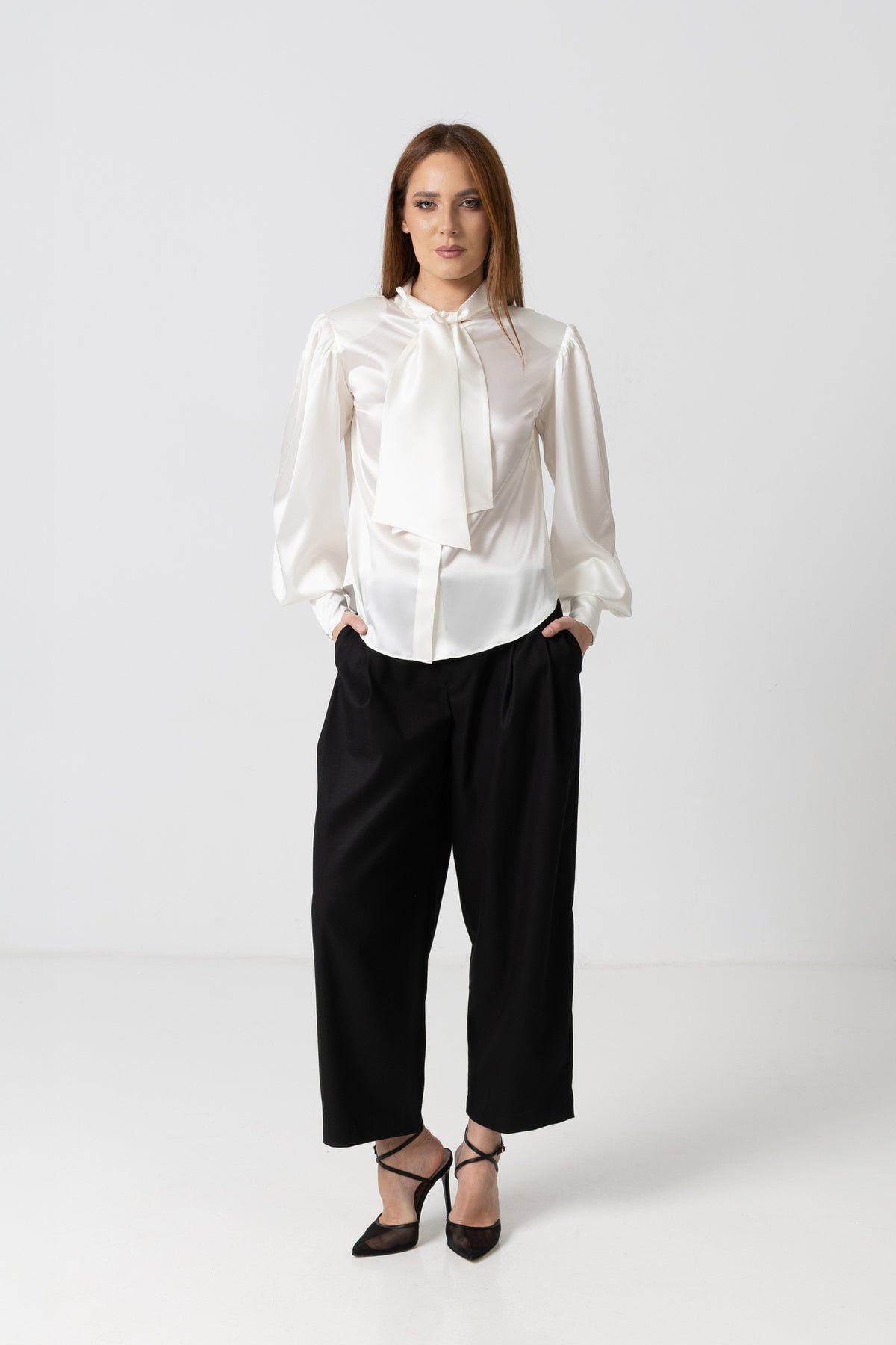 Organza shirt with ivory natural silk and floral embroidery