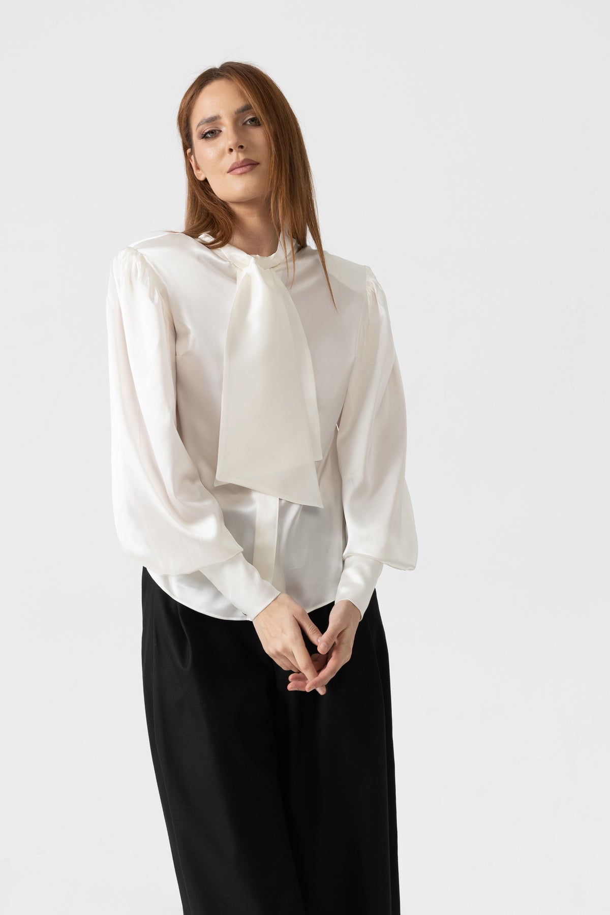 Organza shirt with ivory natural silk and floral embroidery