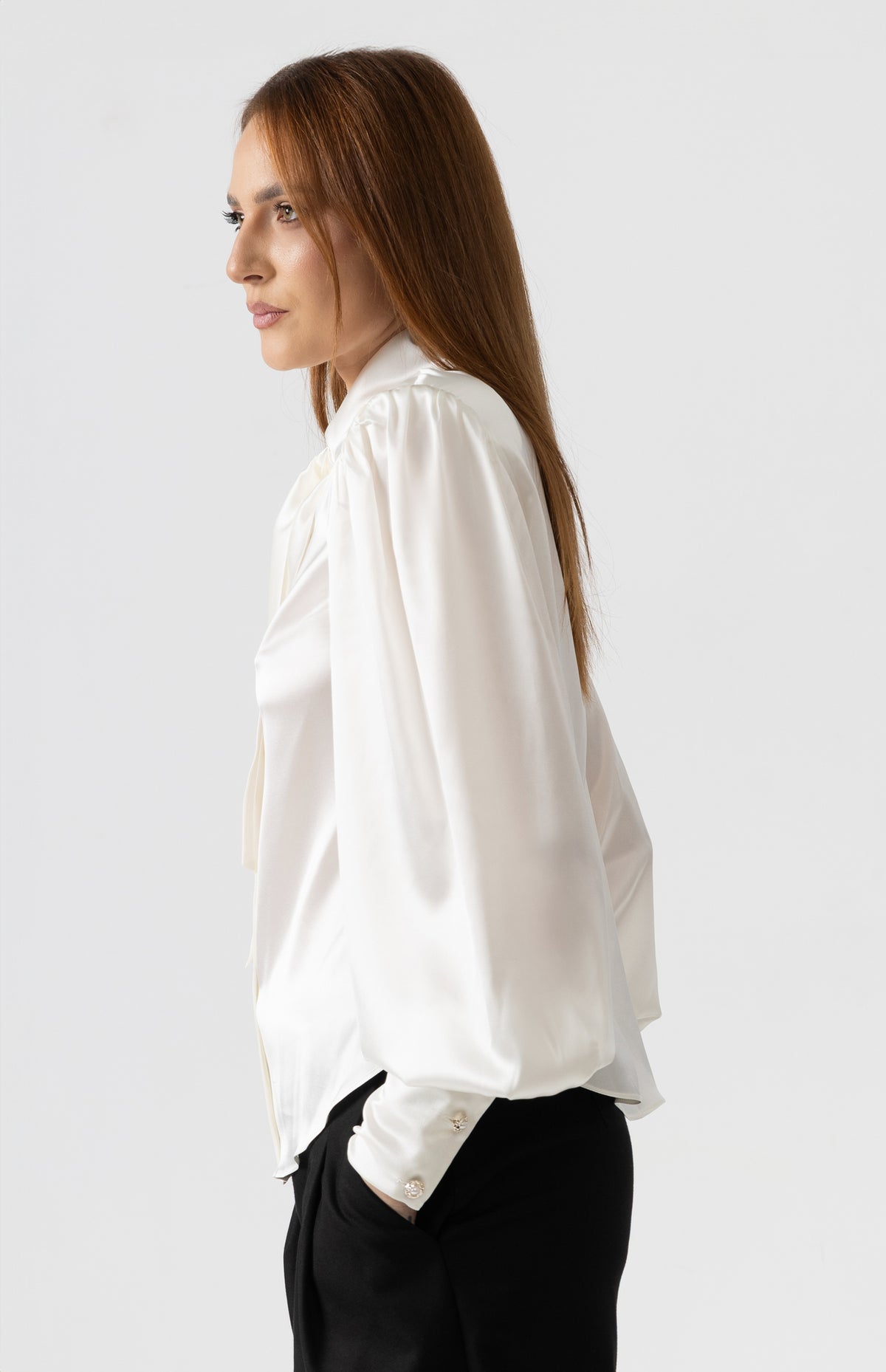 Organza shirt with ivory natural silk and floral embroidery