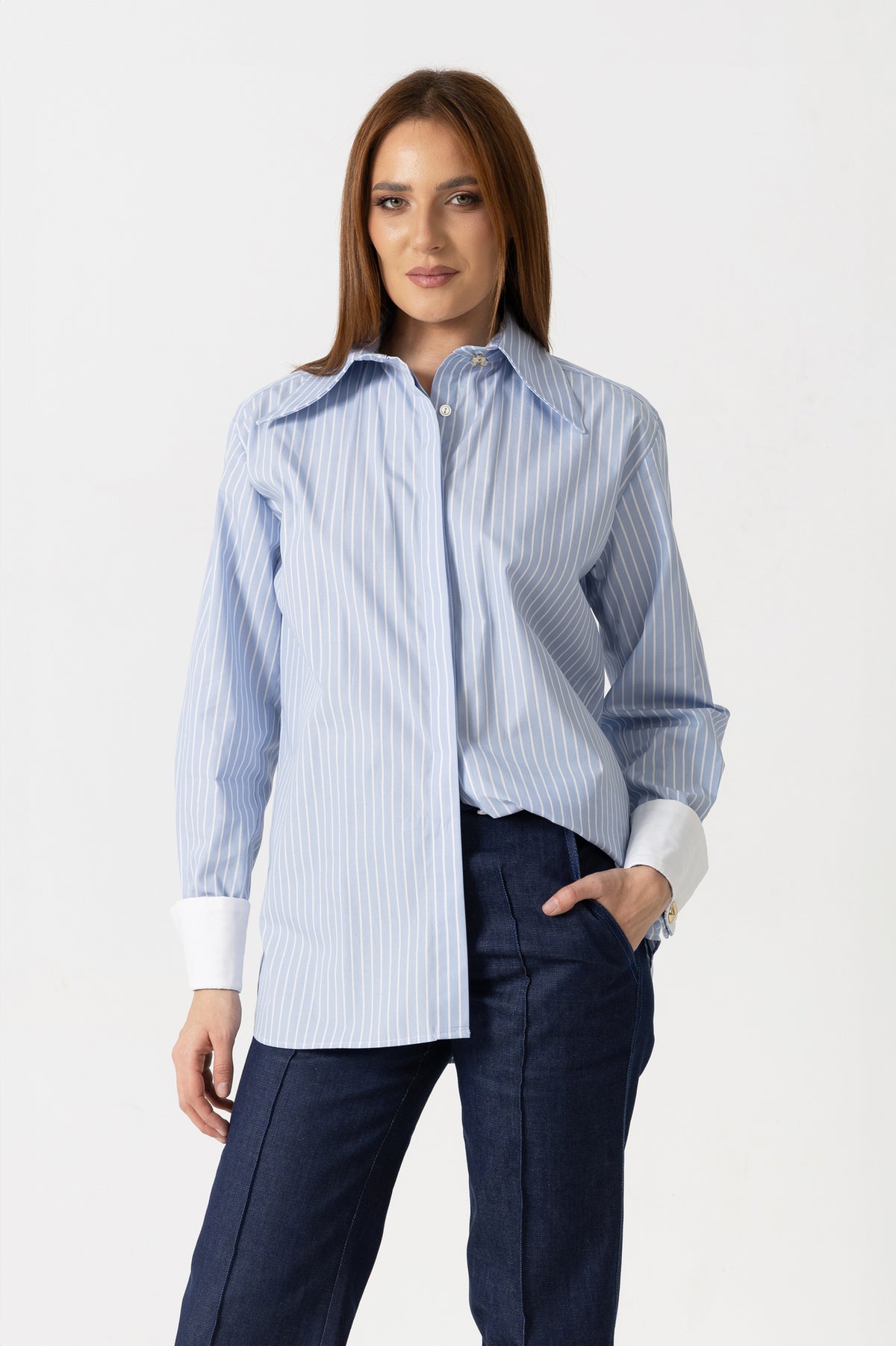 Organza shirt with ivory natural silk and floral embroidery