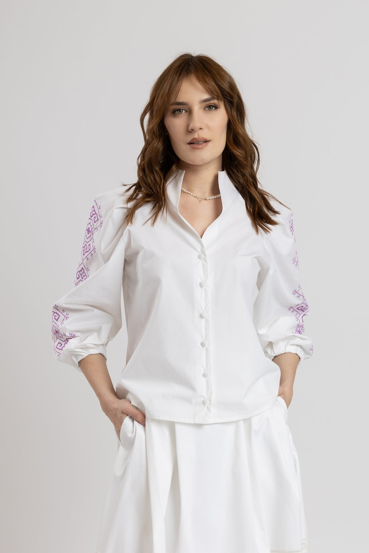 Tunic shirt with purple computer embroidery