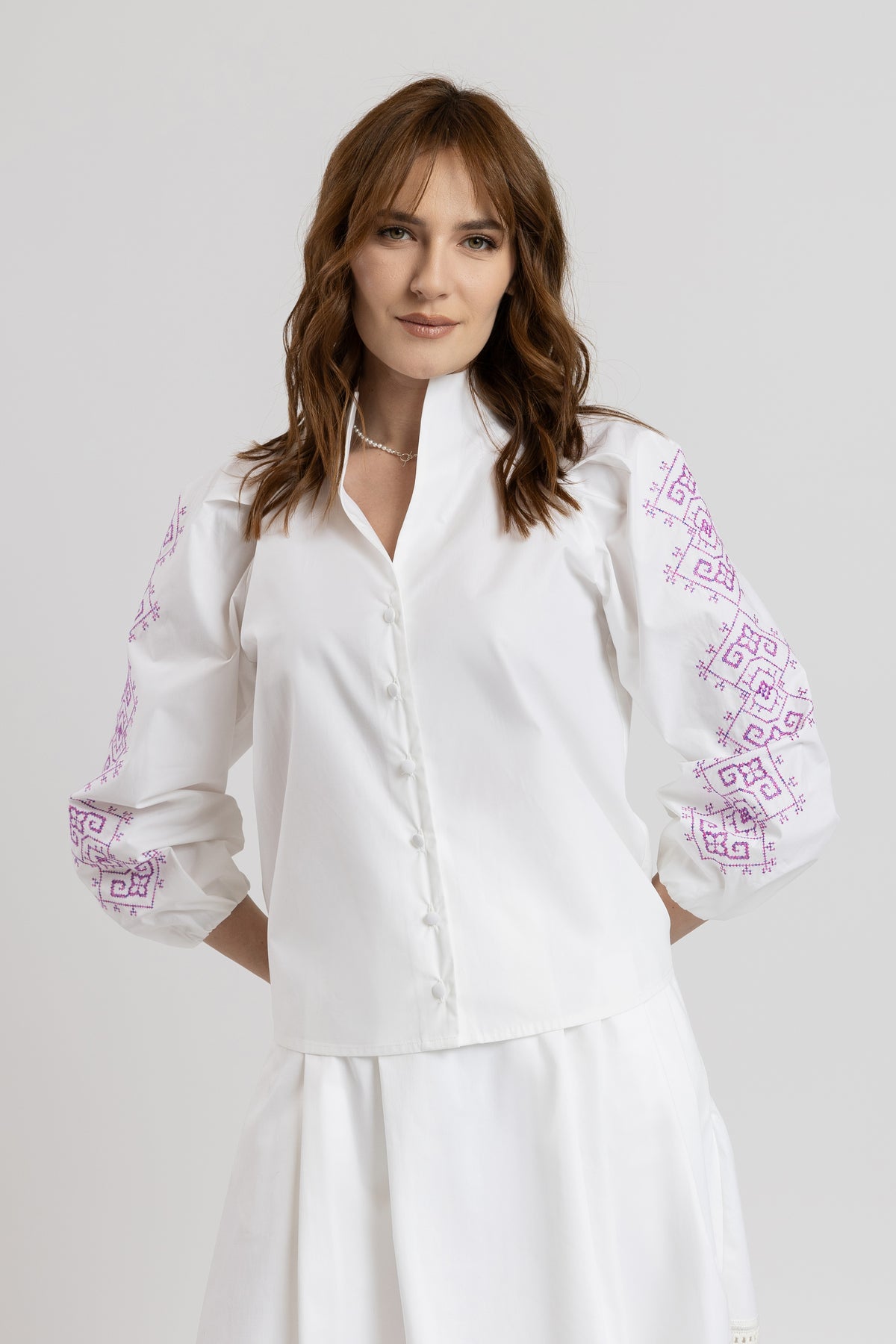 Tunic shirt with purple computer embroidery