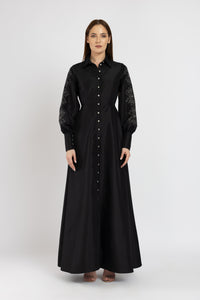 Rochie camasa lunga neagra din tafta cu maneci brodate
