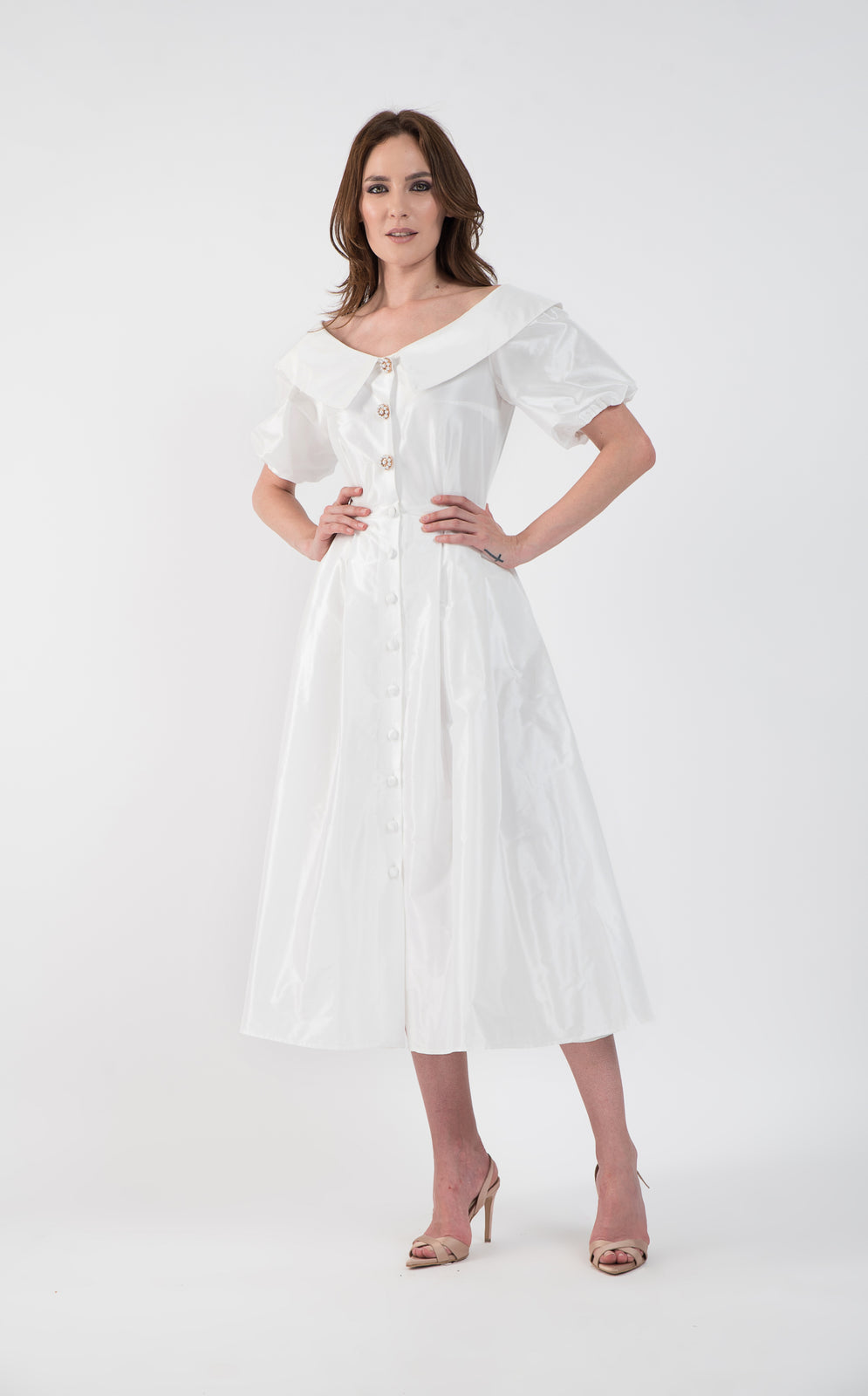Incarca imaginea in galerie, Rochie eleganta midi din tafta si umeri decupati