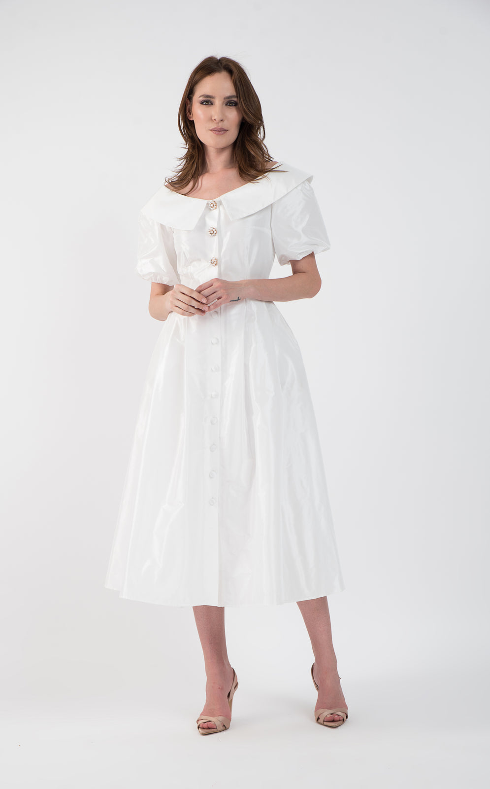 Incarca imaginea in galerie, Rochie eleganta midi din tafta si umeri decupati