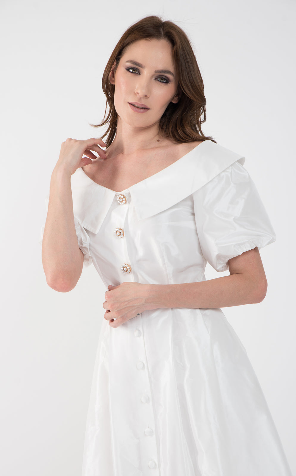Incarca imaginea in galerie, Rochie eleganta midi din tafta si umeri decupati