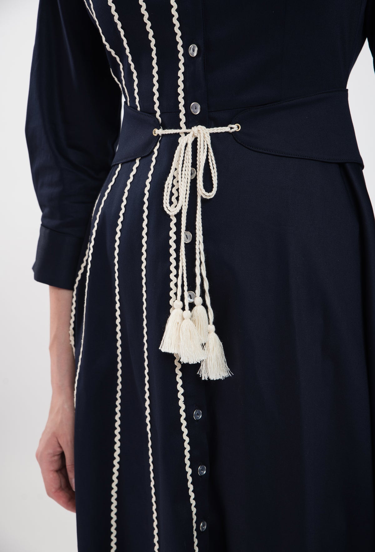 Navy blue cotton shirt dress with macrame applications