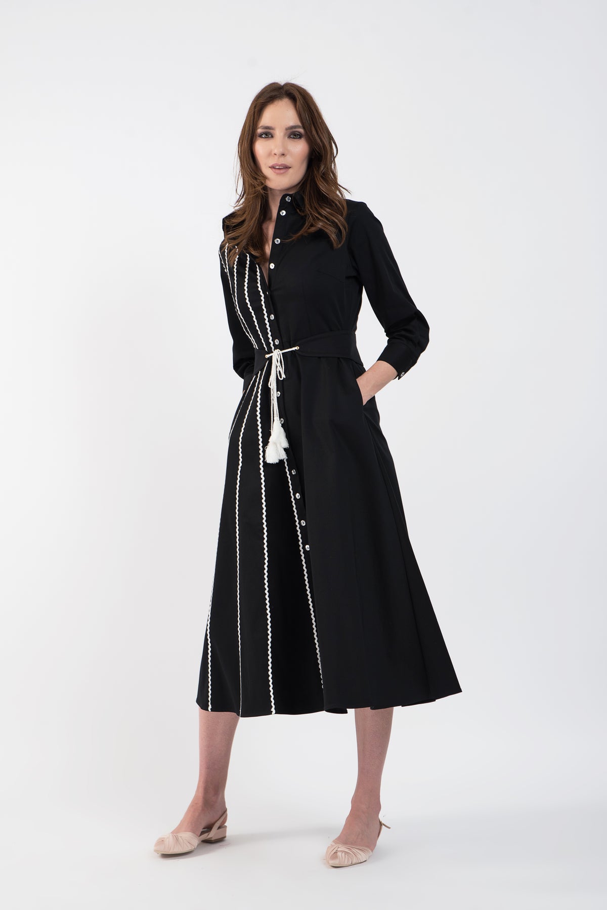 Black cotton shirt dress with white macrame applications