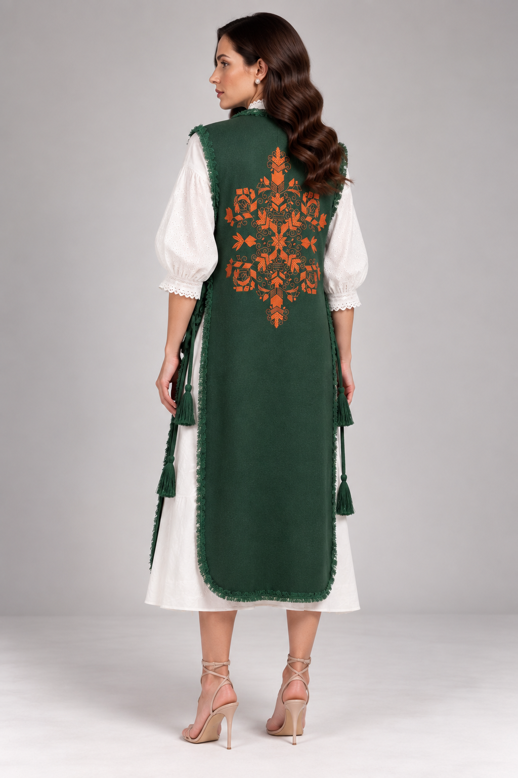 Ecru wool midi jacket with "Tree of Life" embroidery