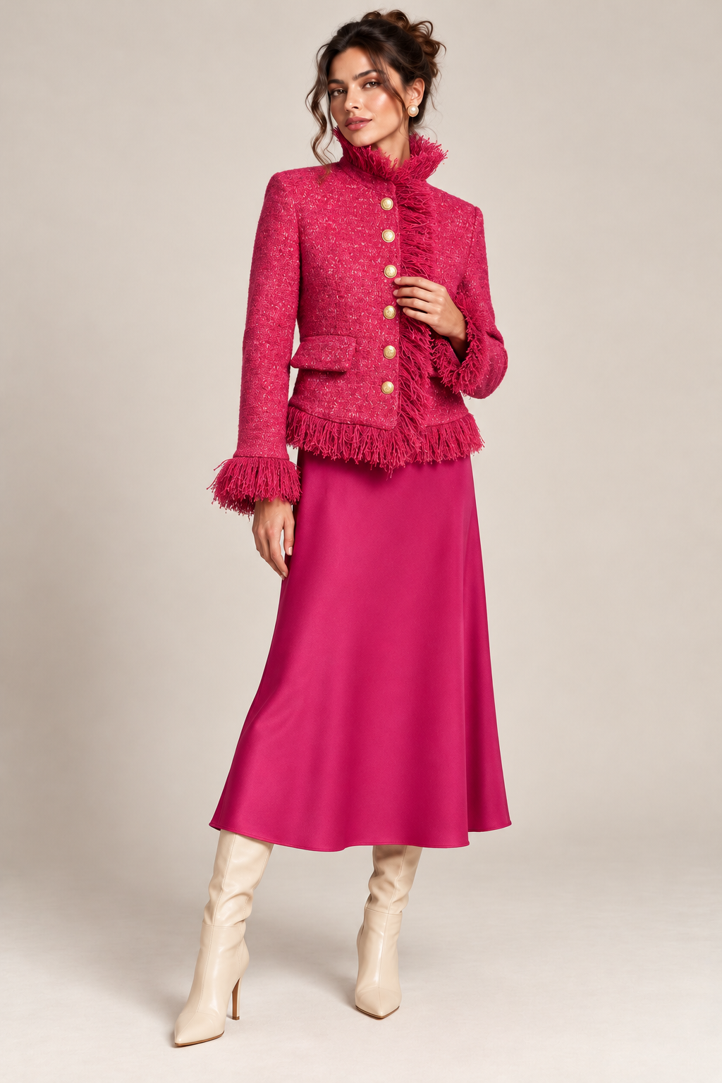 Sacou Fucsia Tricotat cu Franjuri