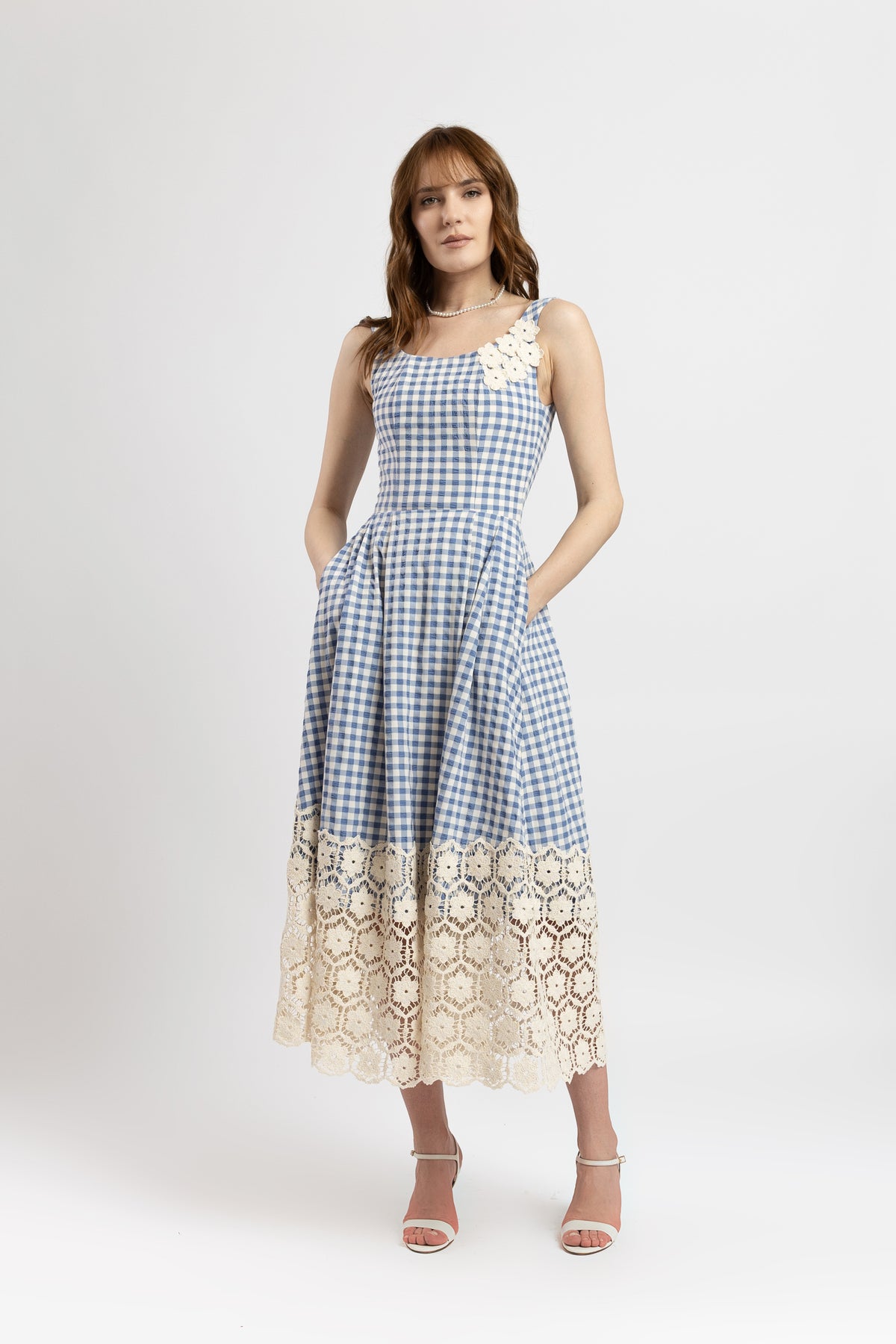 Checkered viscose midi dress with macrame appliqués
