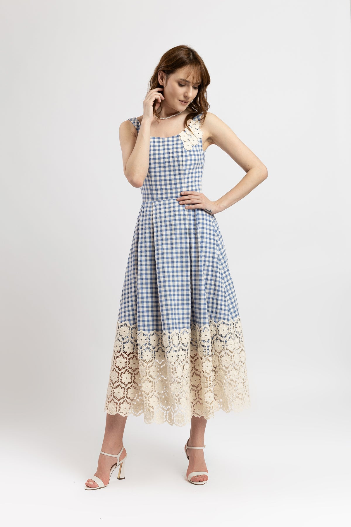 Checkered viscose midi dress with macrame appliqués