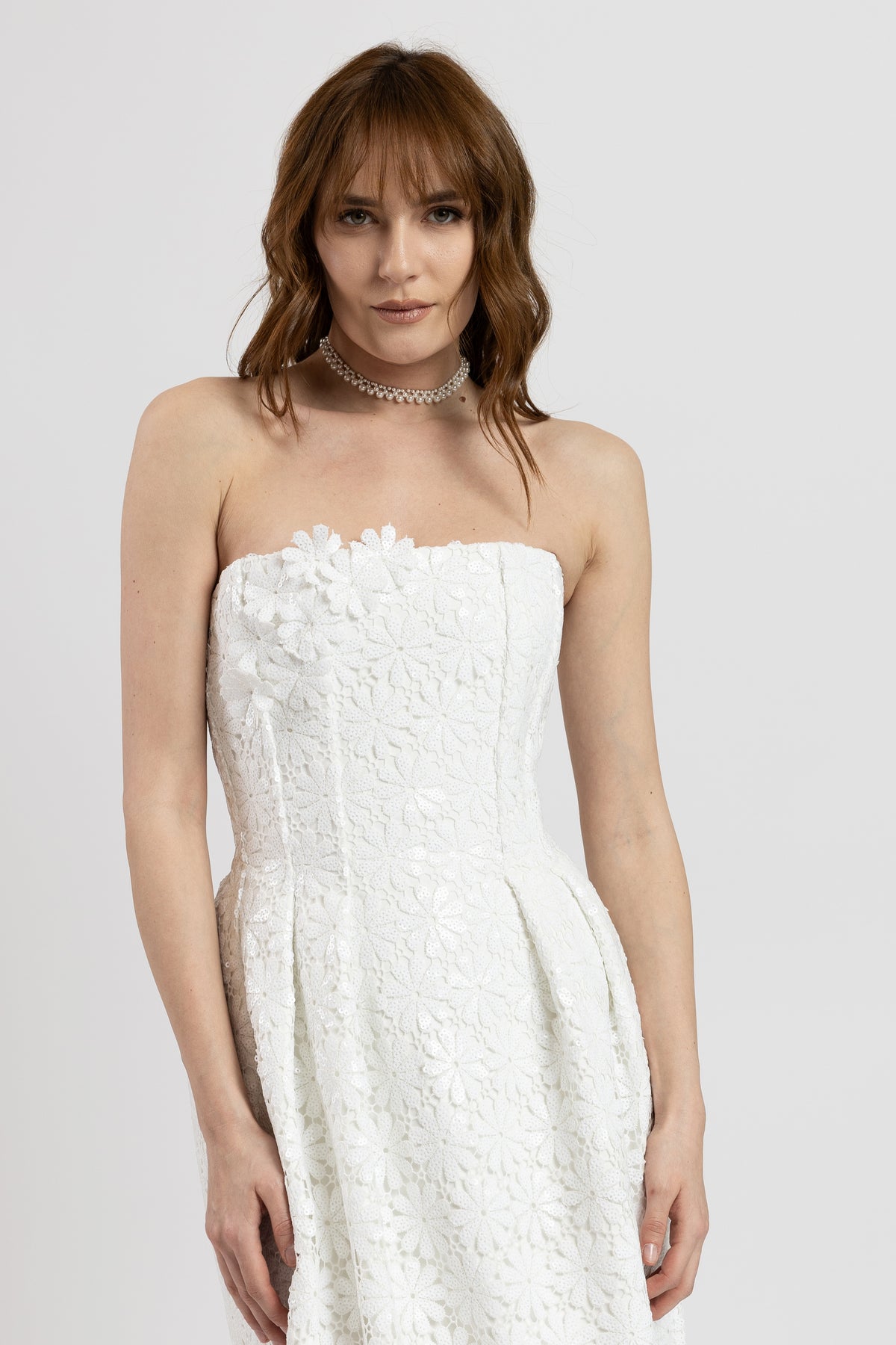 Long white macrame dress with sequins