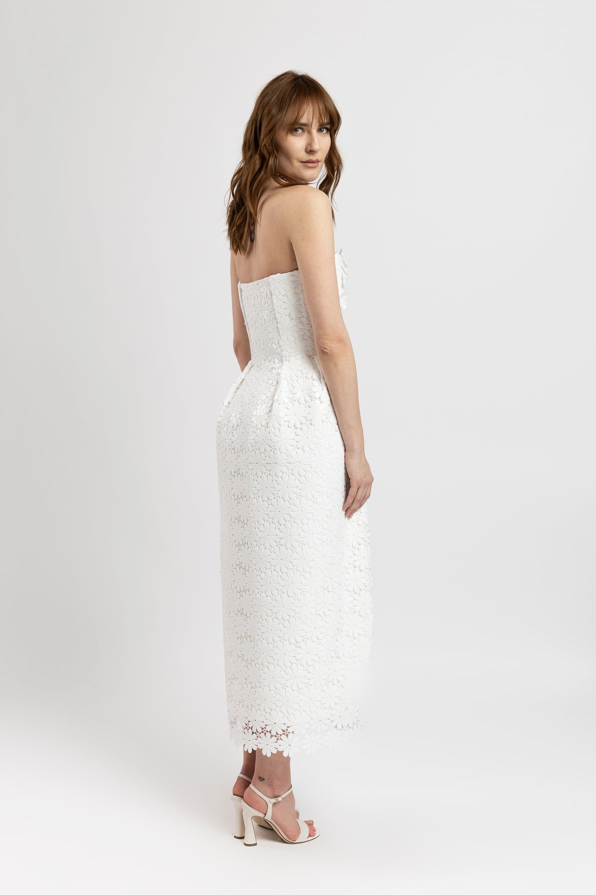 Long white macrame dress with sequins