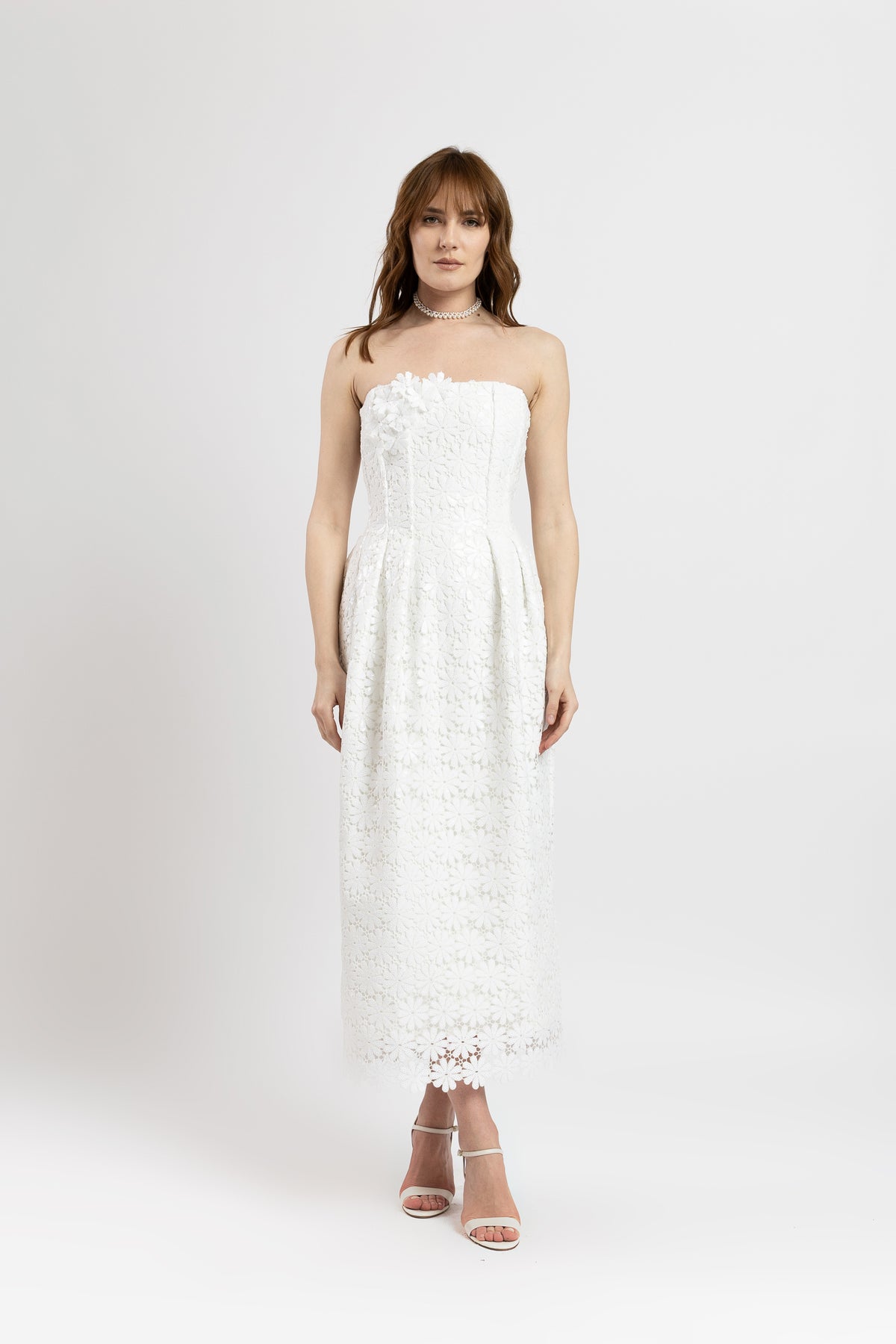 Long white macrame dress with sequins