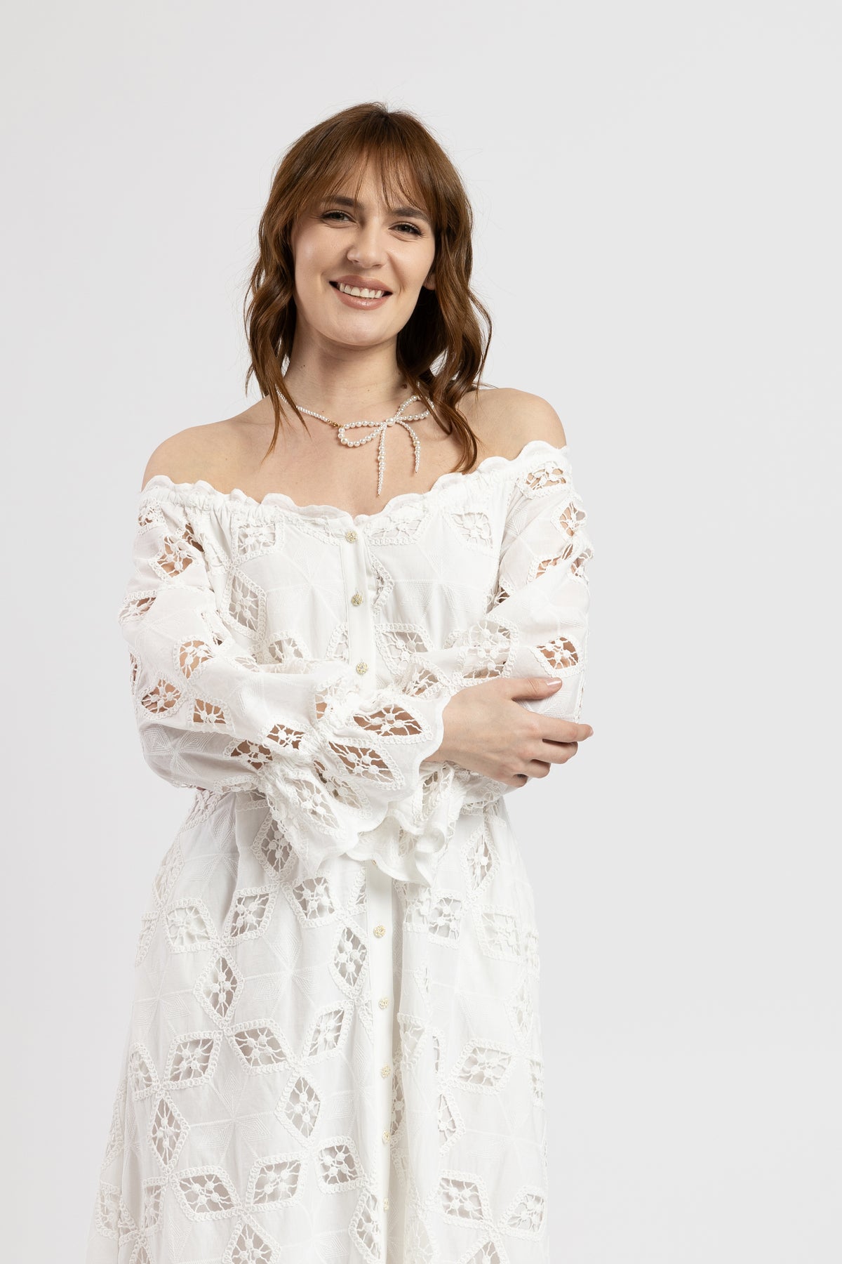 White cotton off-shoulder midi dress with broken embroidery