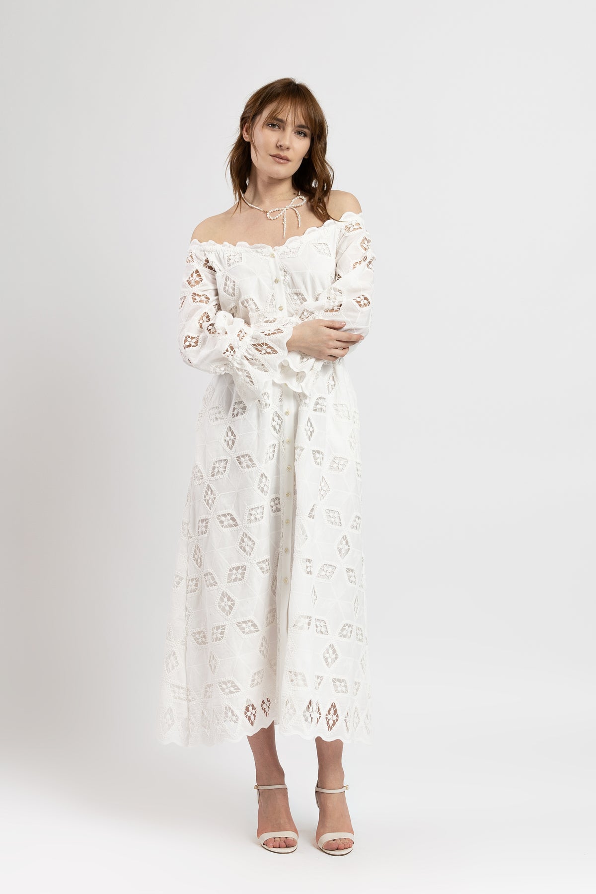 White cotton off-shoulder midi dress with broken embroidery