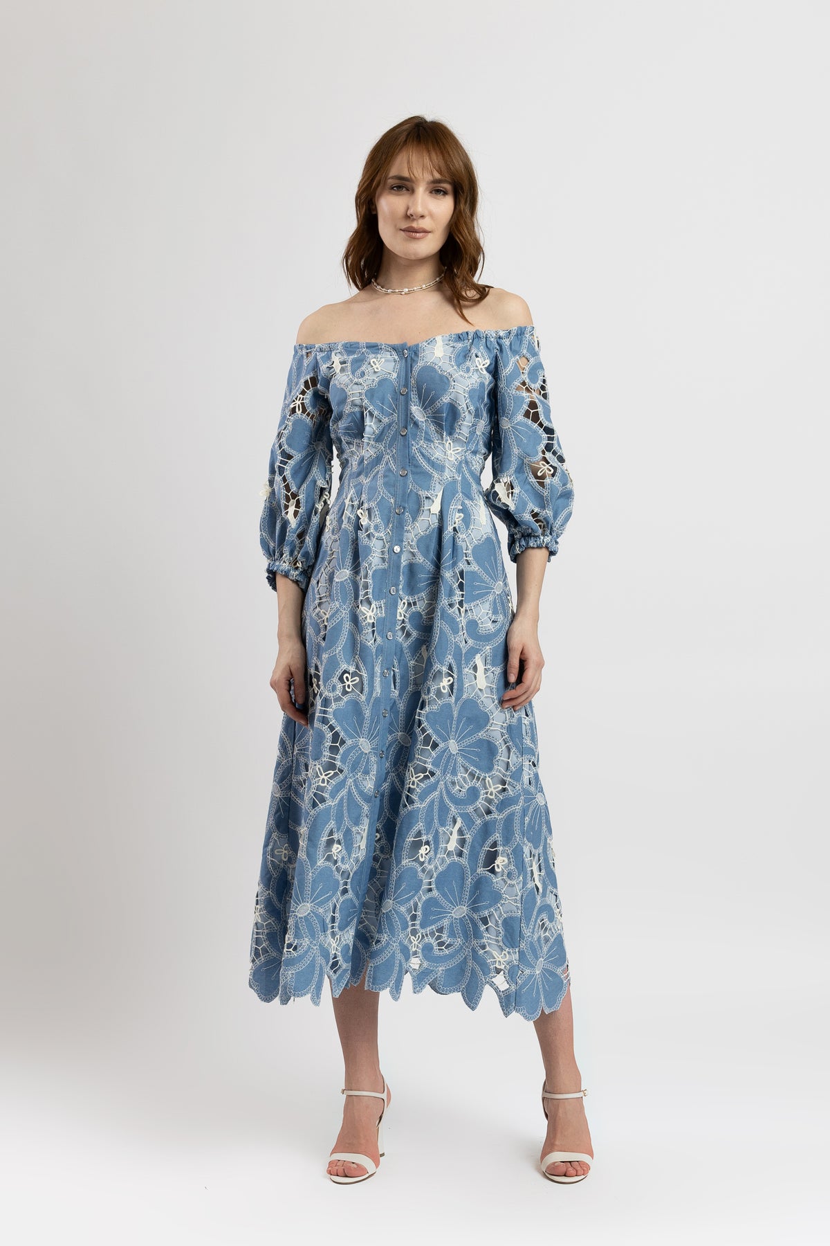 Denim off-shoulder midi dress with broken embroidery
