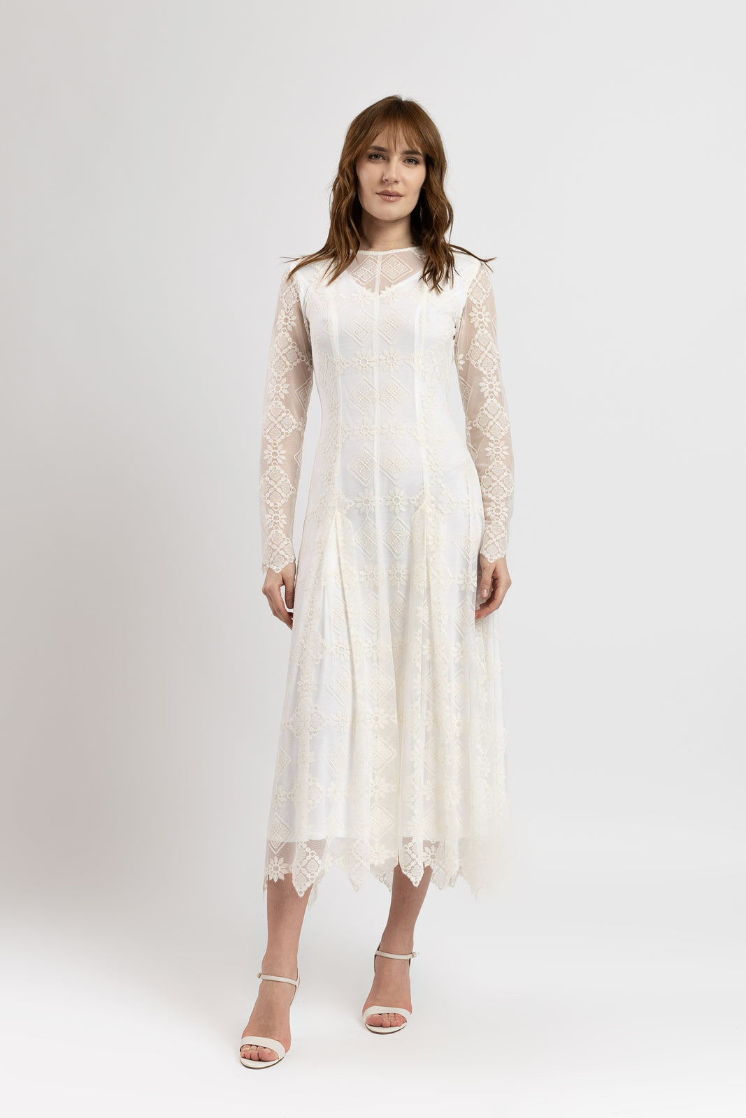 Incarca imaginea in galerie, Rochie midi din tulle brodat ivoar cu maneci lungi