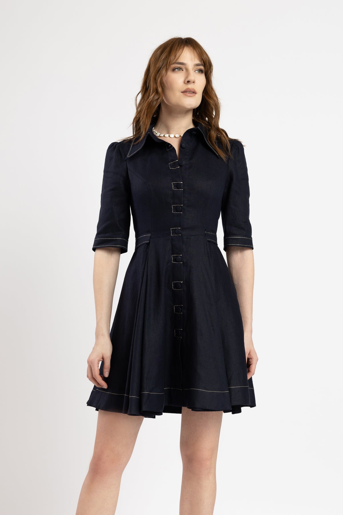 Short navy linen dress with metallic stitching