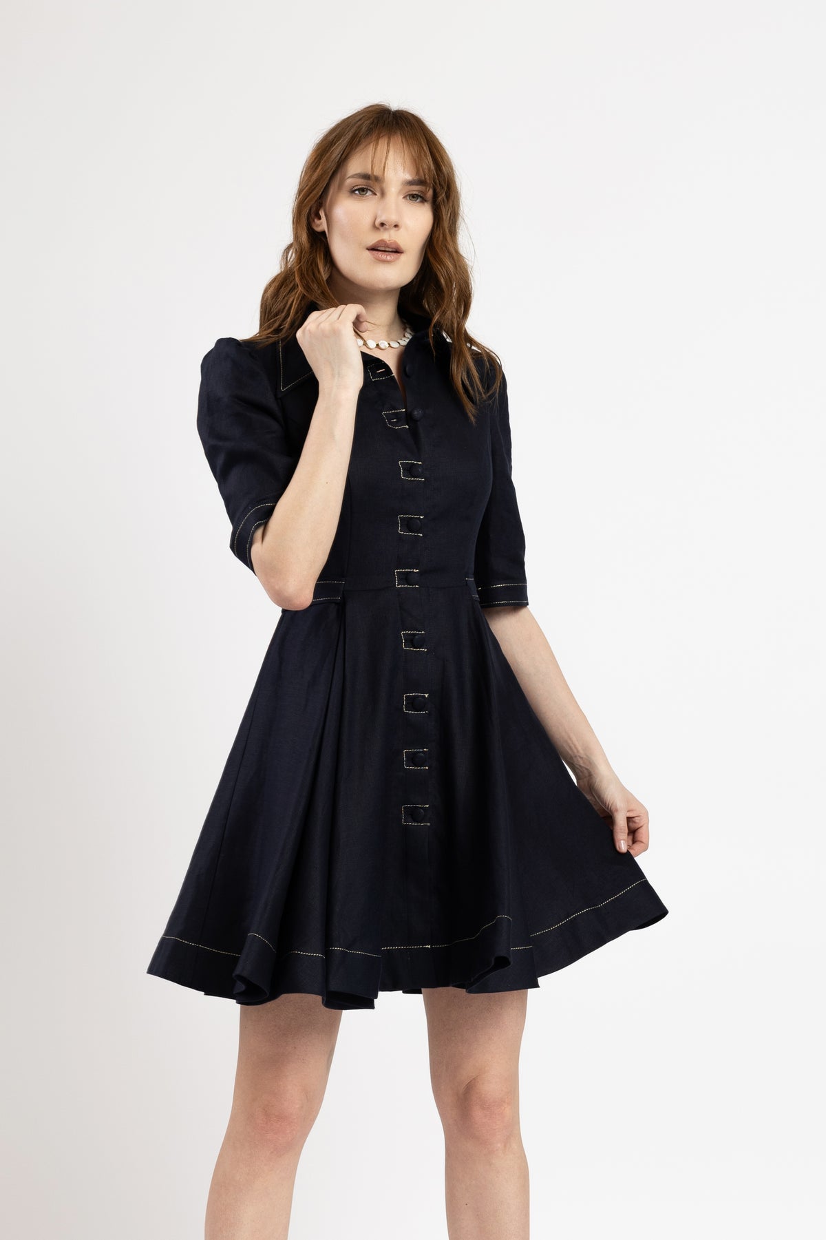 Short navy linen dress with metallic stitching