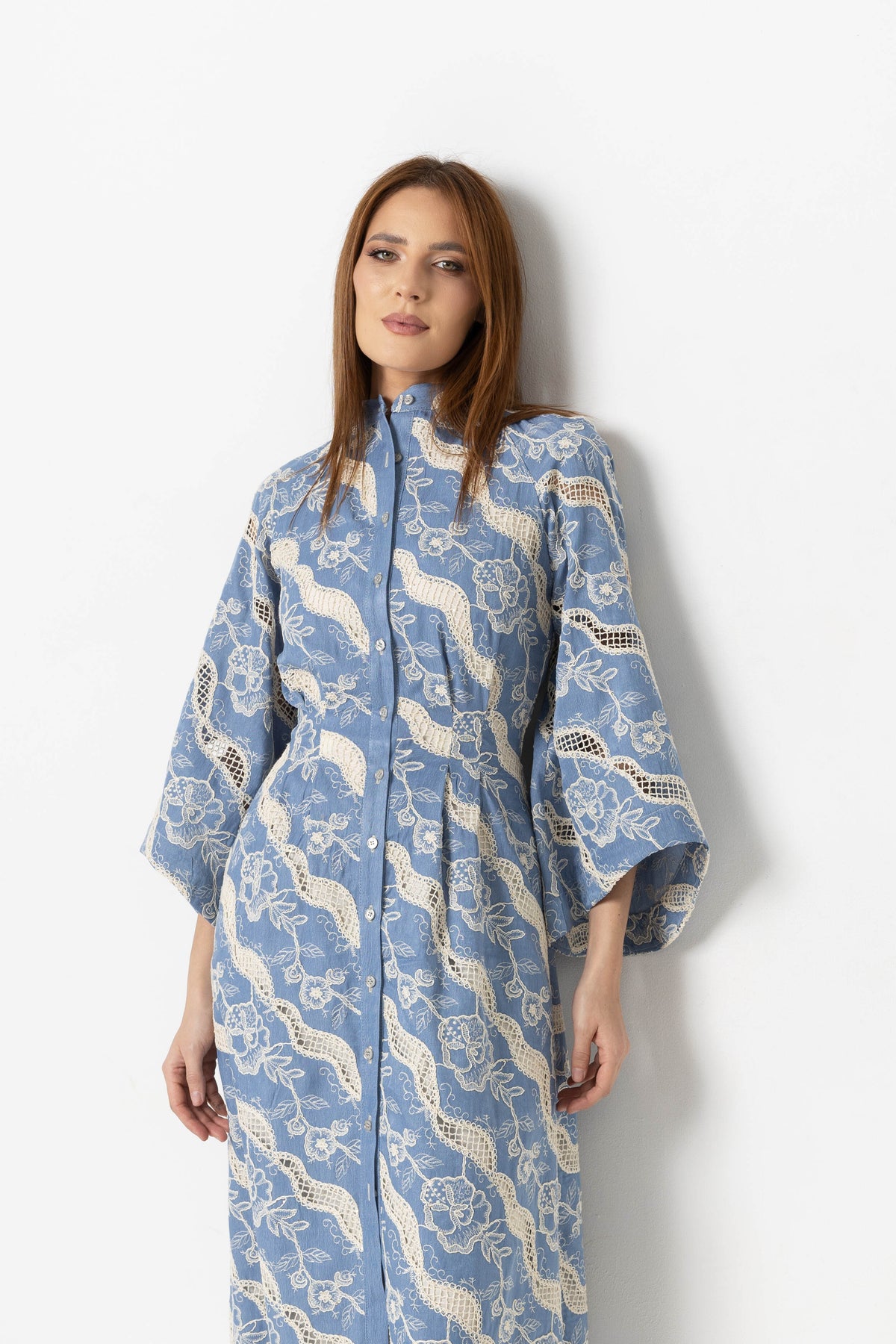 Denim off-shoulder midi dress with broken embroidery