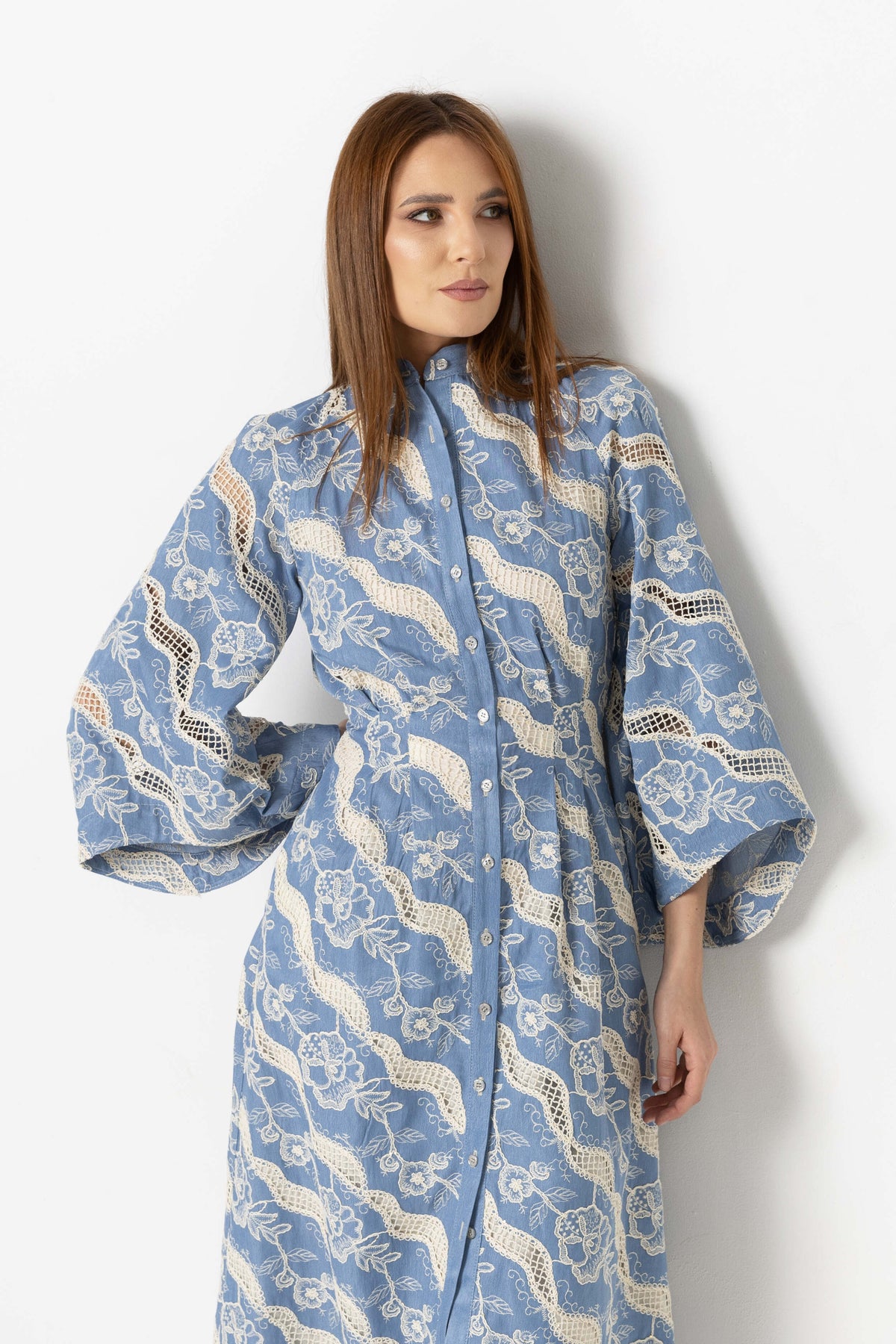 Denim off-shoulder midi dress with broken embroidery