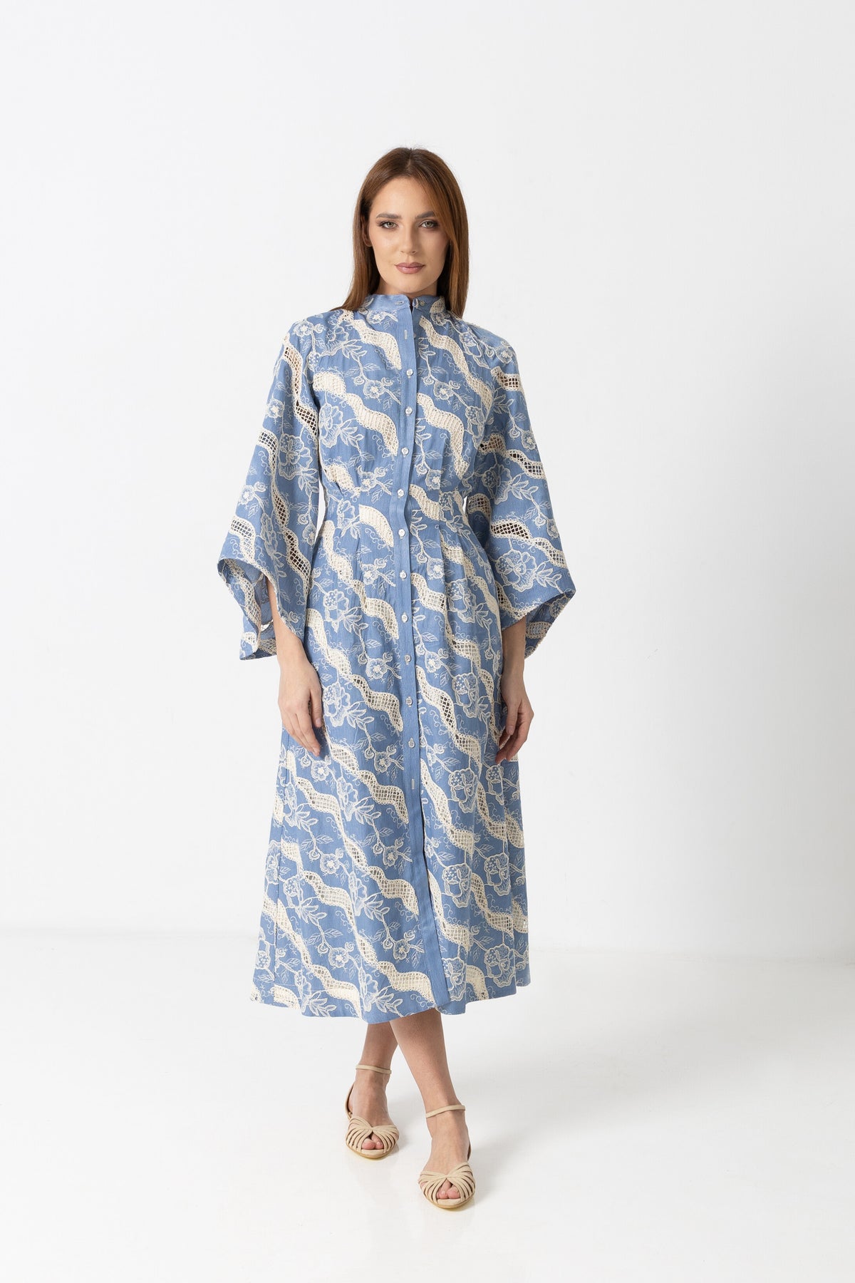 Denim off-shoulder midi dress with broken embroidery
