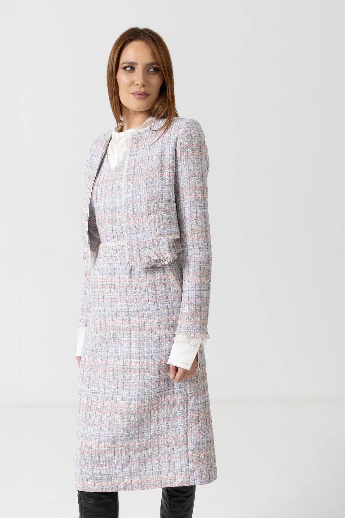 Sacou scurt din stofa de bumbac tip tweed cu insertii pastel