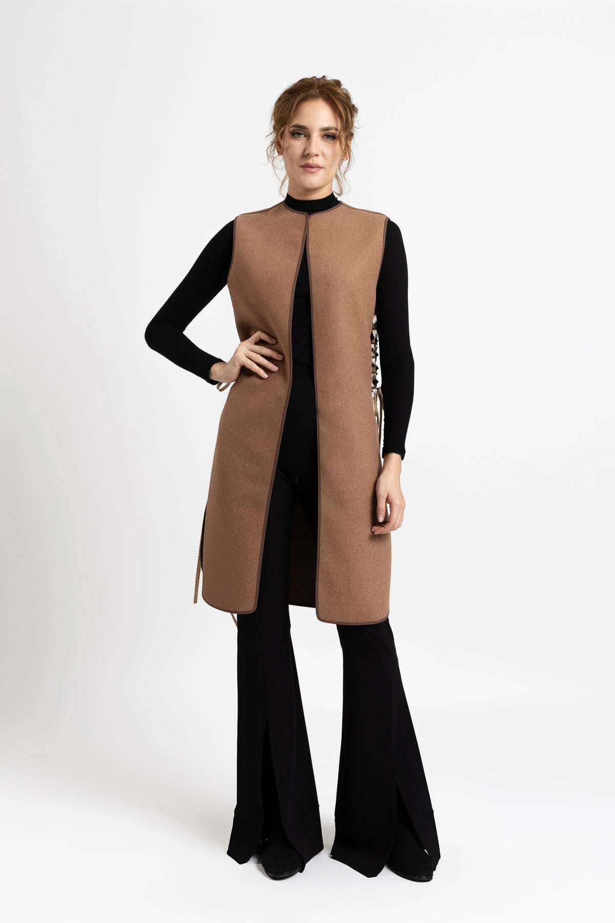 Camel wool midi vest with "Tree of Life" embroidery