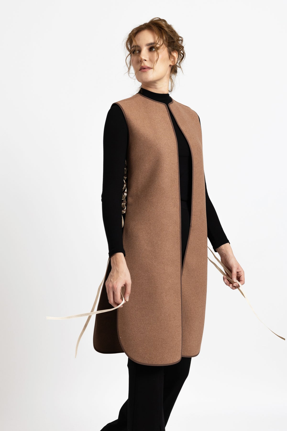 Camel wool midi vest with "Tree of Life" embroidery