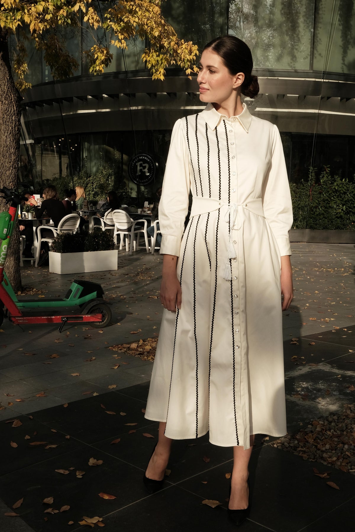 Shirt dress in white satin cotton with macrame applications