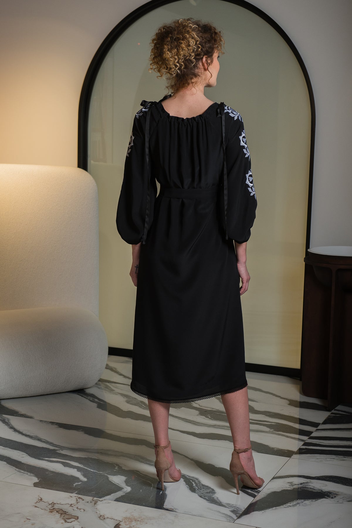 Black silk midi dress with computerized embroidery