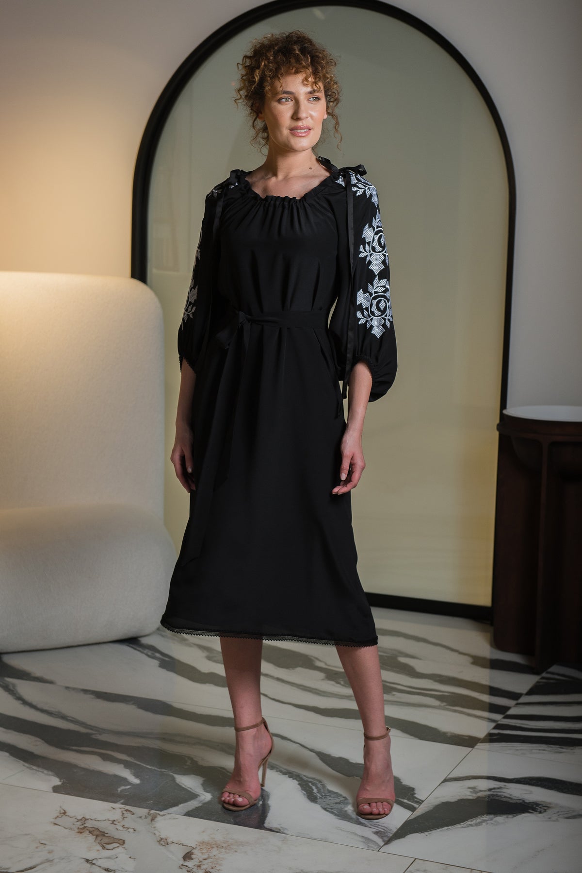 Black silk midi dress with computerized embroidery