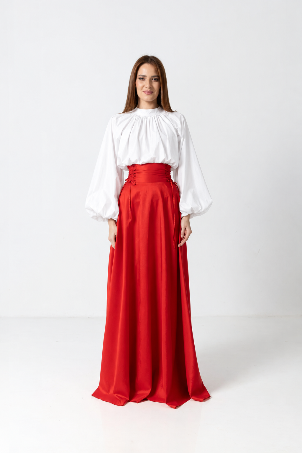 Load image into Gallery viewer, Maxi black taffeta skirt with high waist and side laces