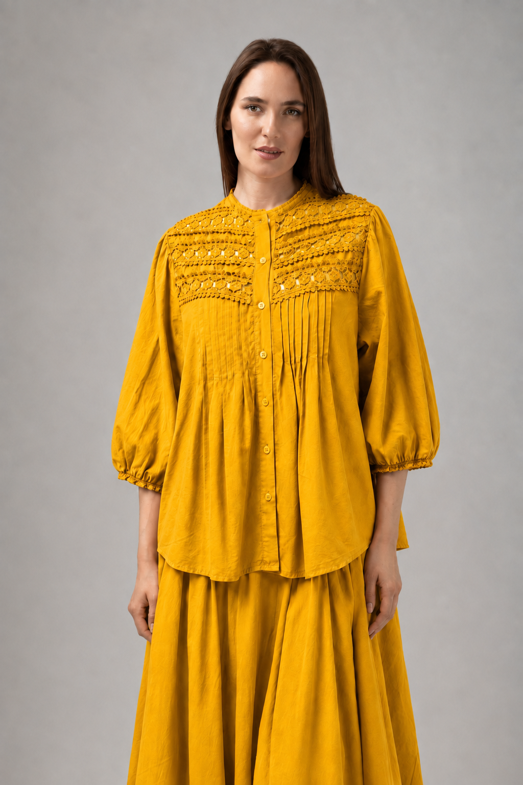 Incarca imaginea in galerie, Bluză Oversized din Bumbac cu Broderie – Galben Muștar