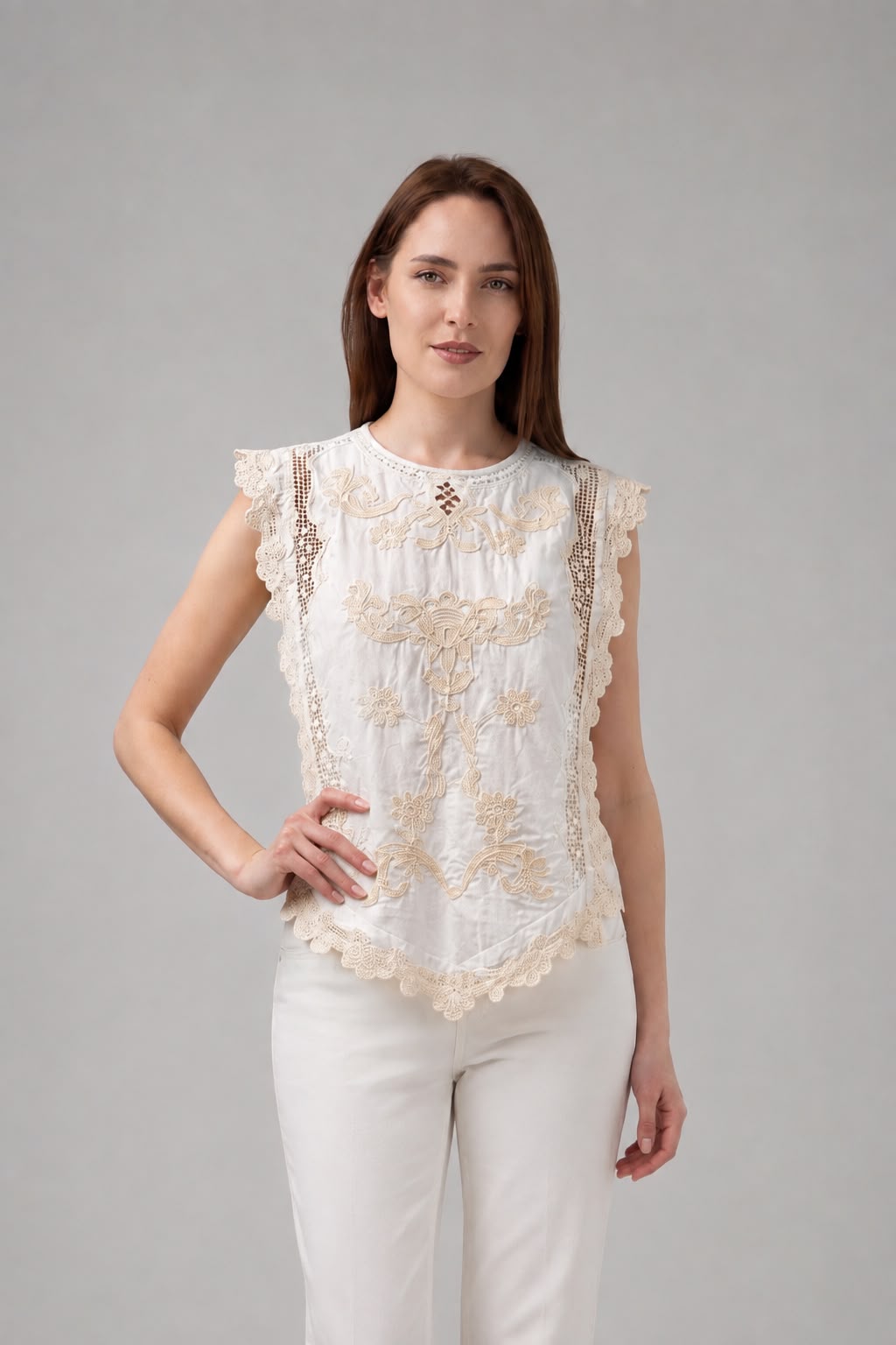 Incarca imaginea in galerie, Top Ivoar din Bumbac cu Broderie Decorativă și Dantelă