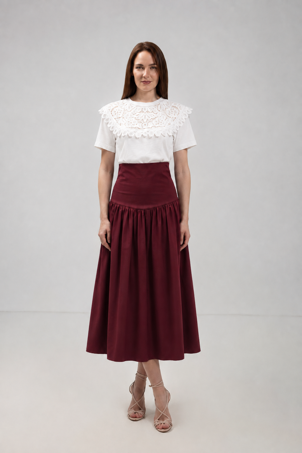 Incarca imaginea in galerie, Fustă Midi Burgundy din Bumbac cu Talie Înaltă