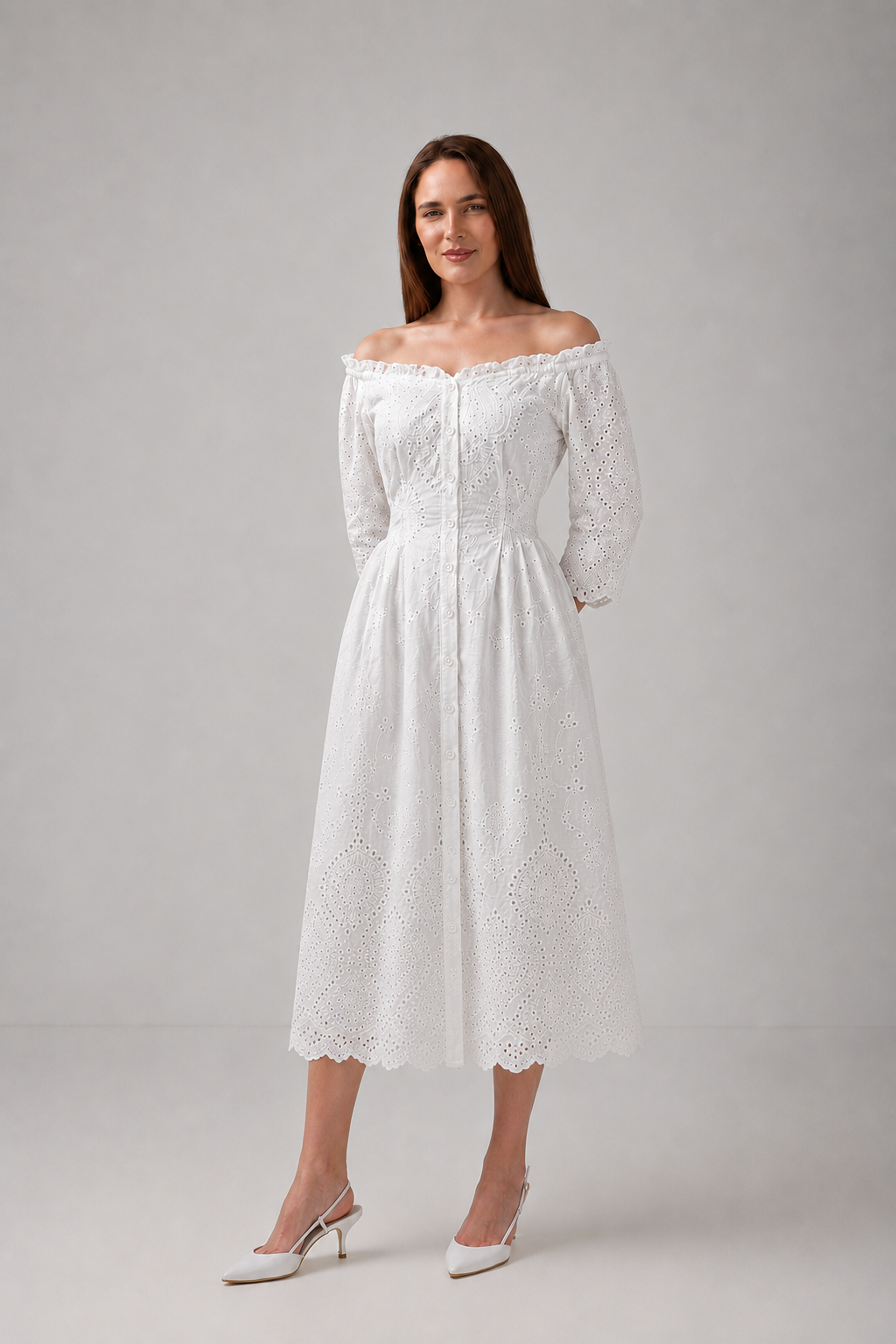 Load image into Gallery viewer, Denim off-shoulder midi dress with broken embroidery