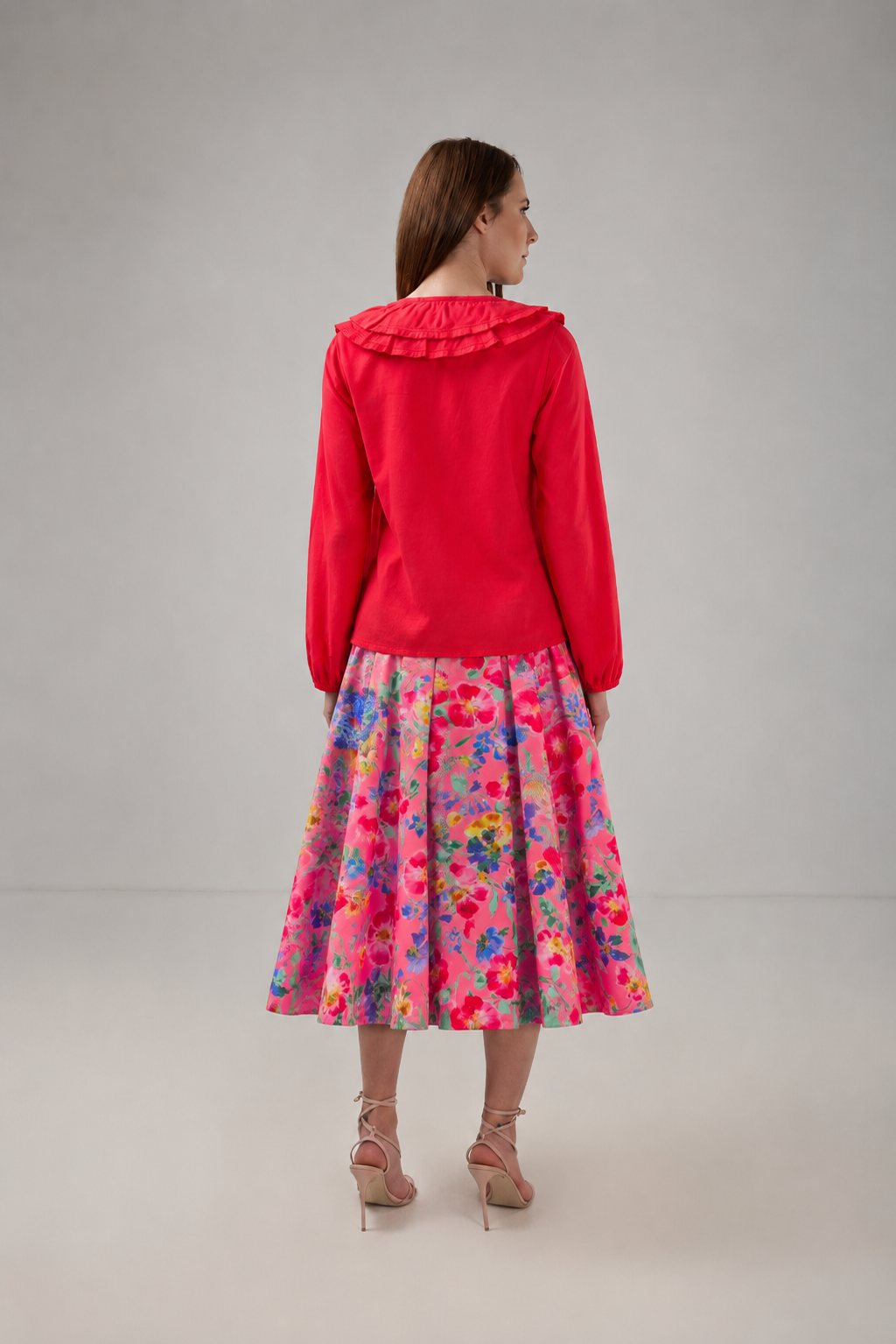 Incarca imaginea in galerie, Fustă Midi Amplă Roz cu Imprimeu Floral Multicolor