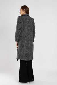 Palton midi gri din lana cu insertii metalice si cordon in talie