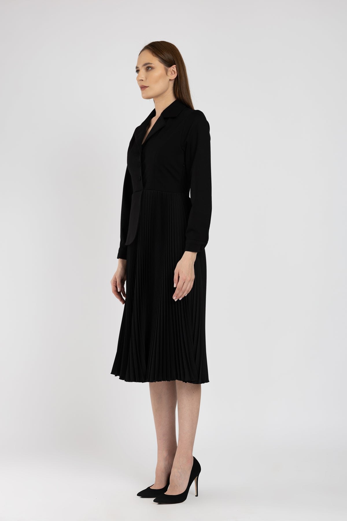 Black jersey dress and black pleated skirt