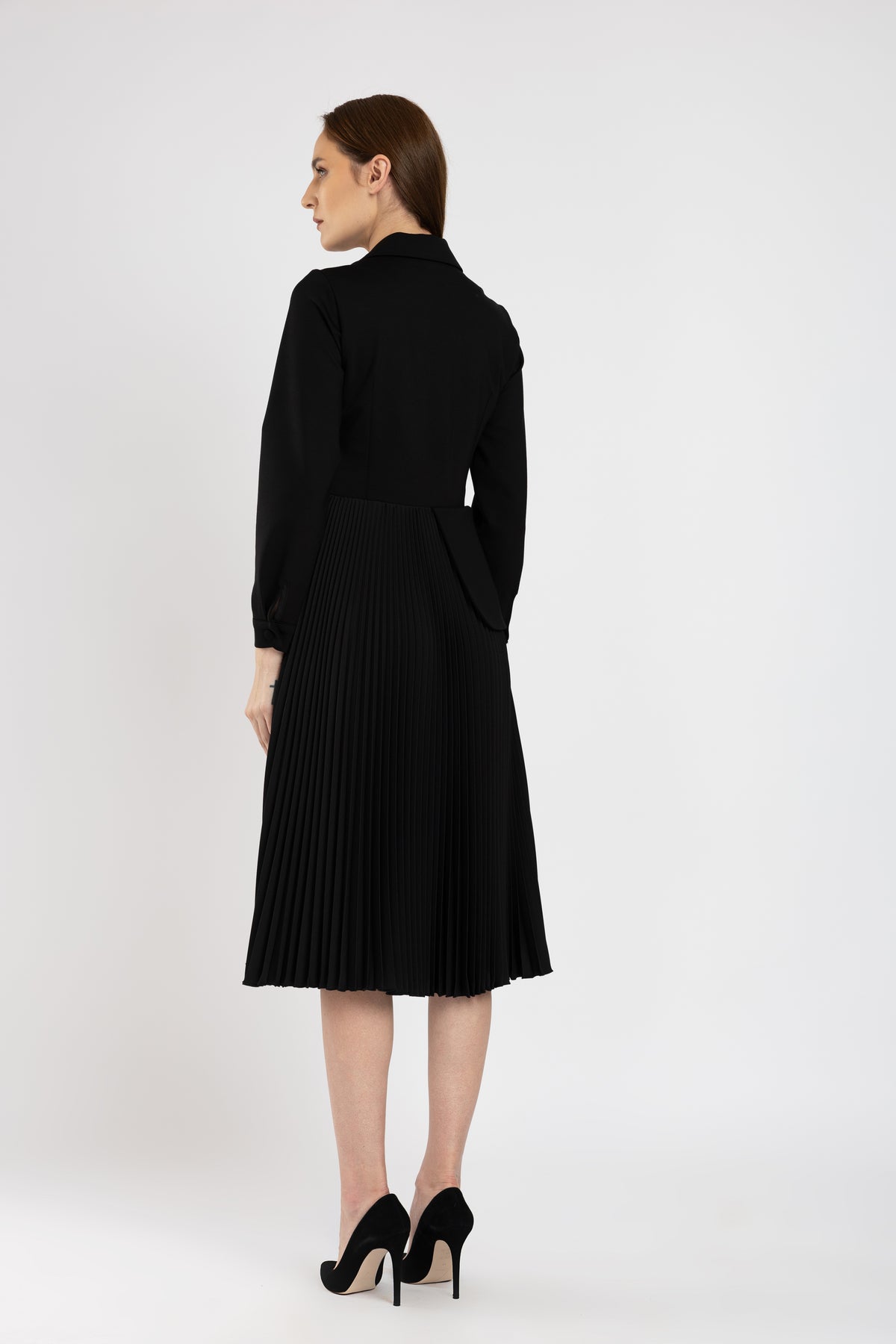 Black jersey dress and black pleated skirt